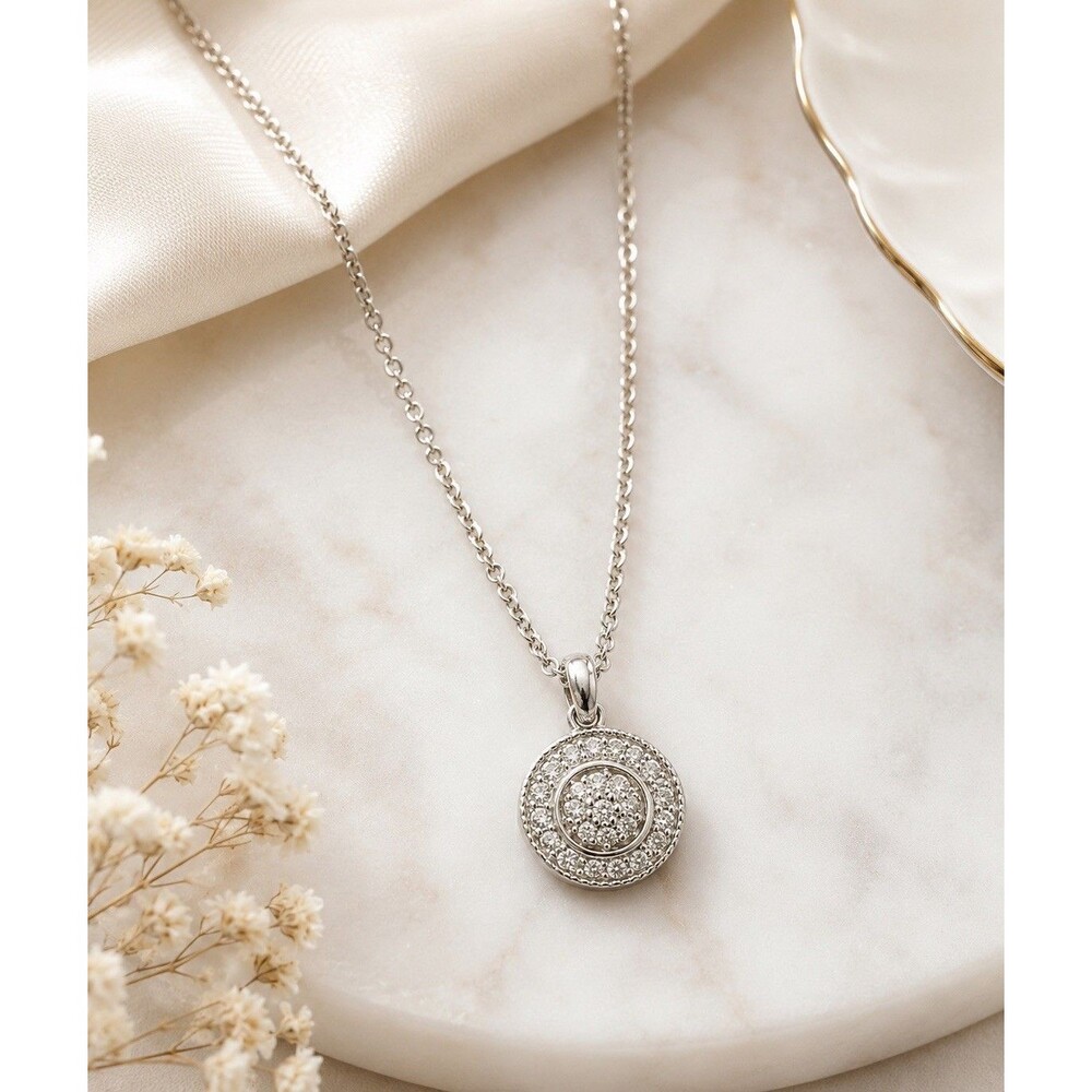 Vintage Silver Tone Pave Rhinestone Halo Pendant Necklace Round Pave Disc Glam